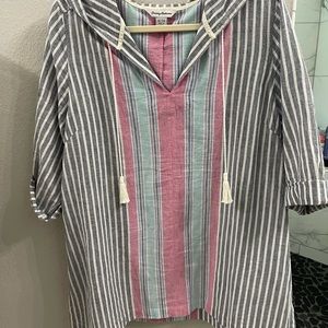 Ladies pull over hoodie. Striped pink,green,white and charcoal